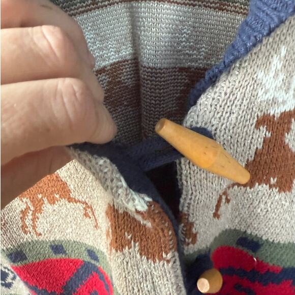 Vintage Sweater Loft Cardigan SWEATER toggle aztec Christmas Holiday deer trees - Picture 3 of 5